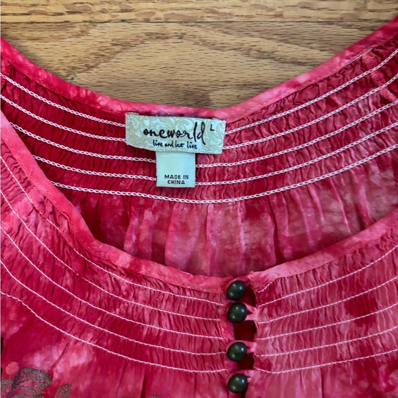 One World Top Women’s Large Red Tie Dye Multicolor Floral Embroidery Shirt Y2K - Picture 2 of 6